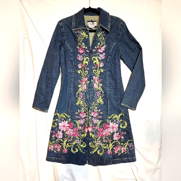 Ami Jackets & Blazers - A.M.I. Embroidery Floral Duster Jean Denim Jacket Size Small Boho Western